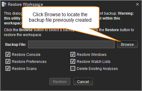 Restore Workspace Dialog